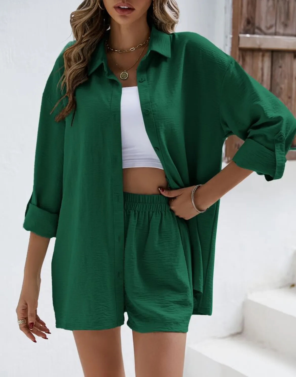 Loose Button Down Shirt & High Waist Shorts Outfit