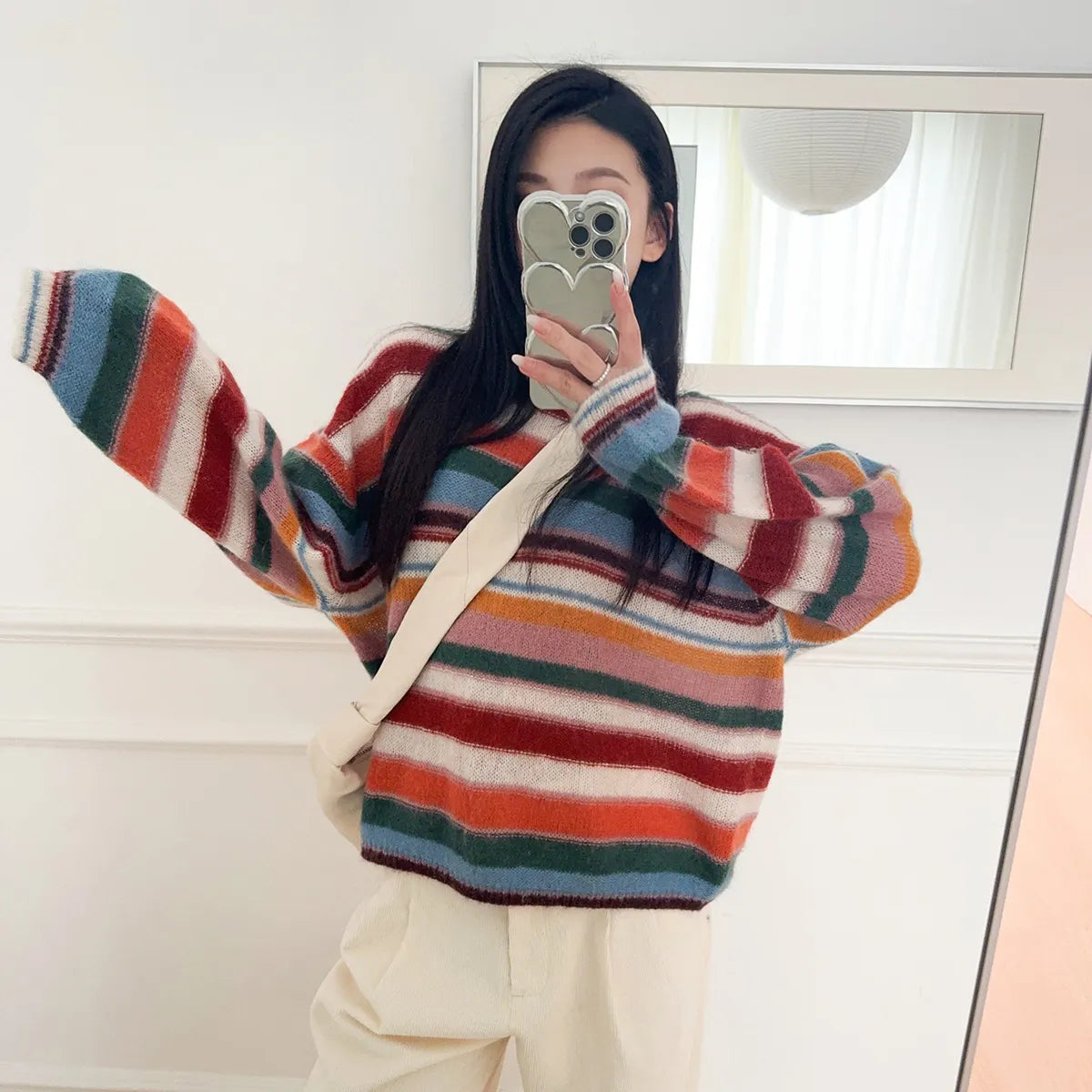 Crew Neck Rainbow Stripe Knit Pullover Sweater