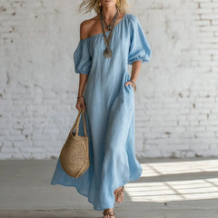 Solid Color Off Shoulder Puff Sleeve Pleated Midi Puffy Shirt Dress