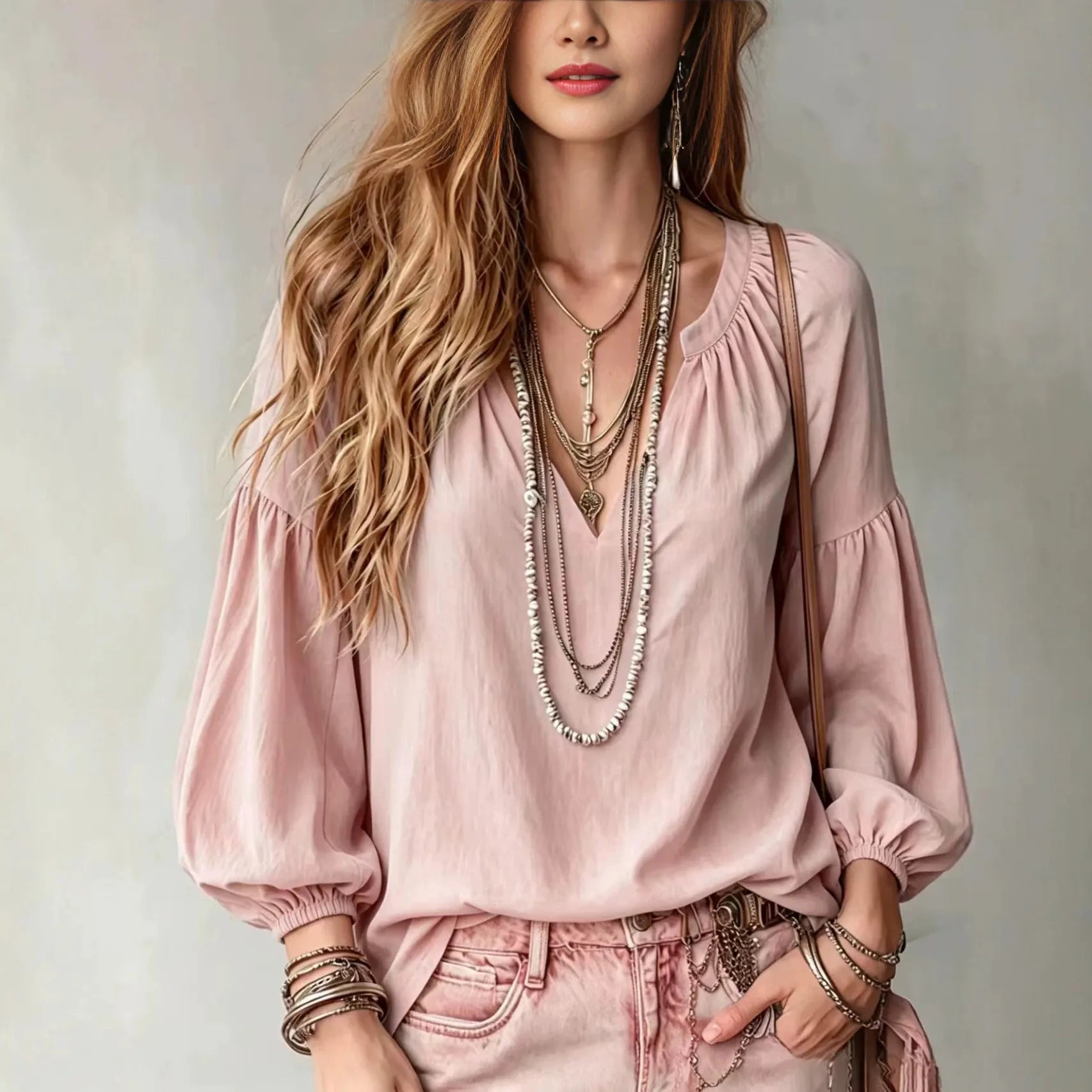 Notched V Neck Puff Sleeve Elastic Cuff Relaxed Fit Shirt