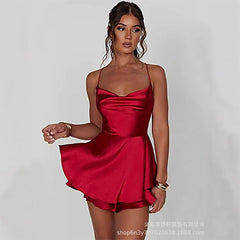 Square Neck Satin Spaghetti Strap Mini Dress