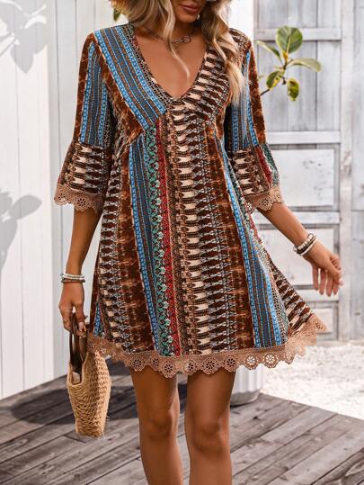 Boho V Neck Lace Trim Floral Print Short Dress