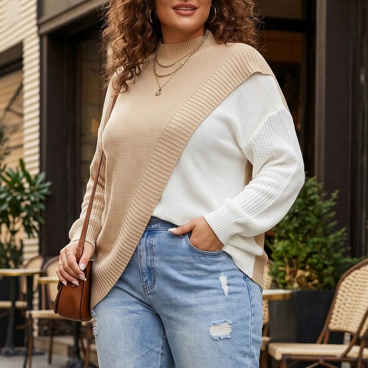 Curvy Color Block Knit Top Mock Neck Asymmetrical Hem Loose Fall c