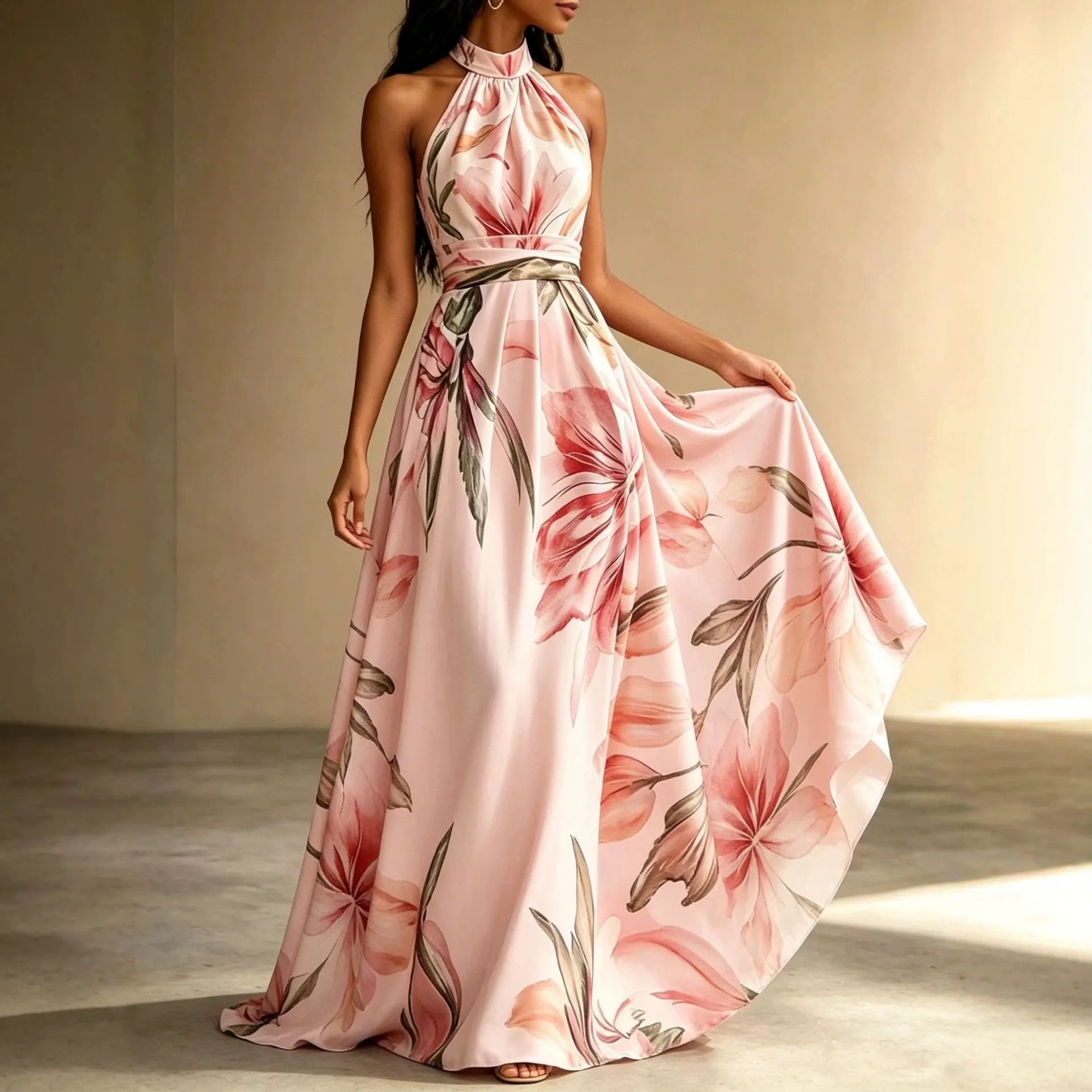 Floral Print Halter Neck High Waist Flowy Maxi Dress