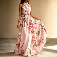 Floral Print Halter Neck High Waist Flowy Maxi Dress