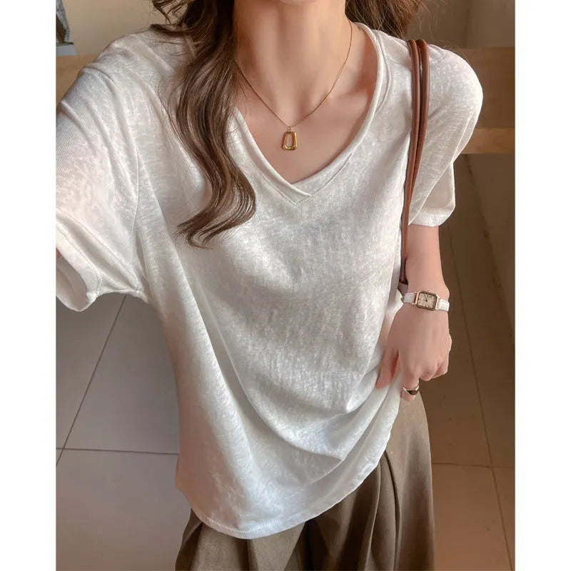 Solid Color V-Neck Dropped Shoulder Loose Fit T-Shirt