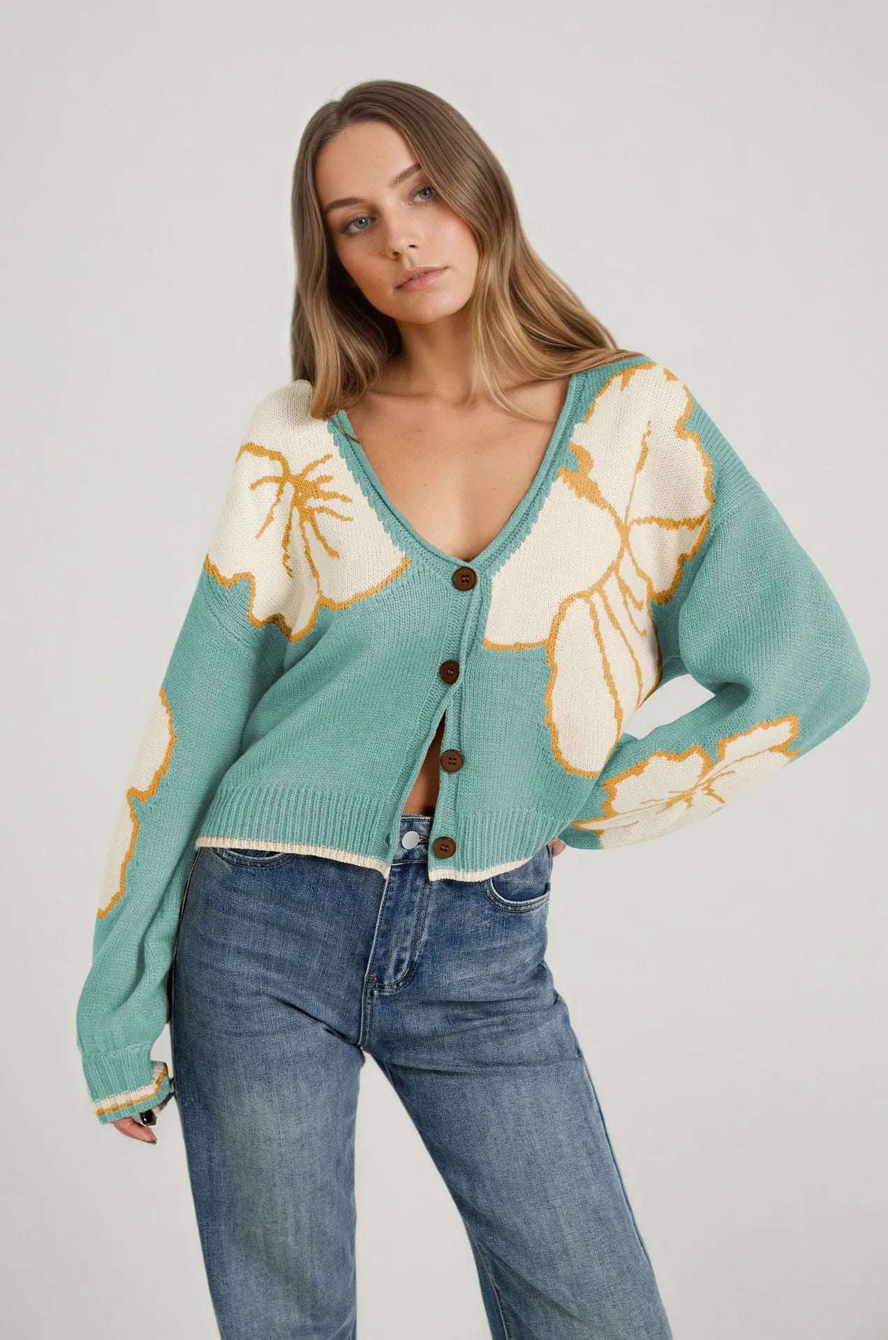 Oversized Floral Print Knit Cardigan Vintage Big Flower Long Sleeve Button Front Top