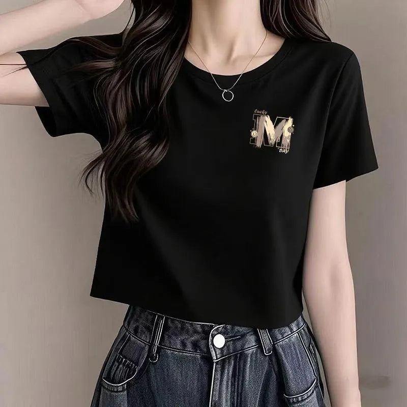 Crew Neck Letter M Print Slim Cropped Short Sleeve Cotton T-shirt