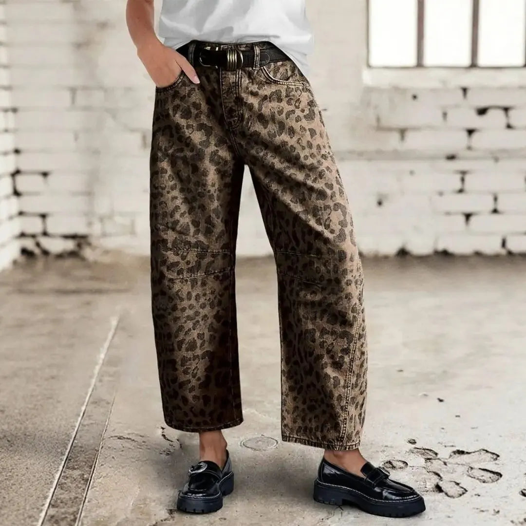 Leopard Print Mid Waist Straight Leg Jeans