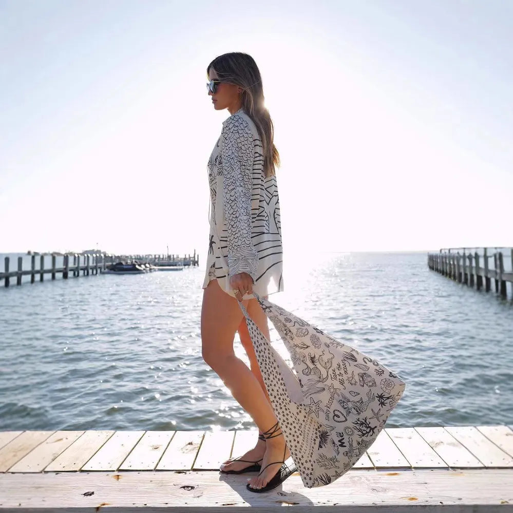 Wave Print Long Sleeve Shirt & Dot Shorts Two Piece Casual Set