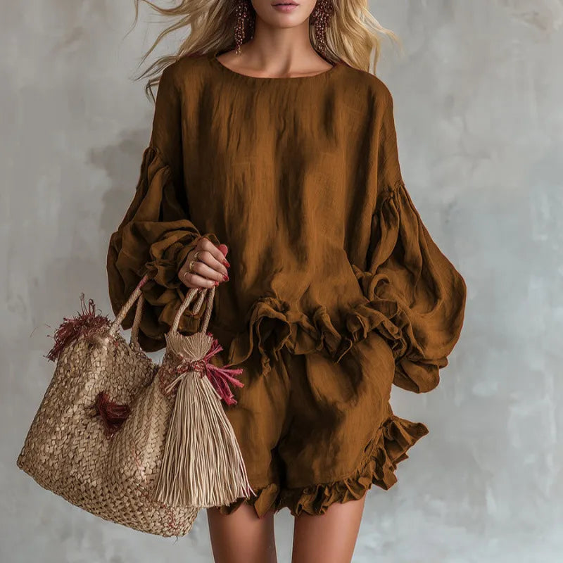 Solid Color Ruffle Trim Lantern Sleeve Top & Shorts Set