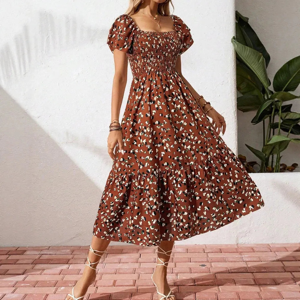 Square Neck Ruffle Sleeve Leopard Print Smocked Waist Midi Dress