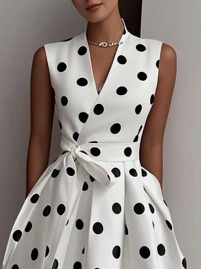 Polka Dot V Neck Sleeveless Wrap Tie High Waist A-Line Midi Dress