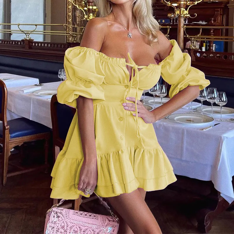 Off-the-Shoulder Puff Sleeve Tie-Front Button A-Line Mini Dress