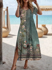 Floral Print Crew Neck Loose Split Maxi Dress