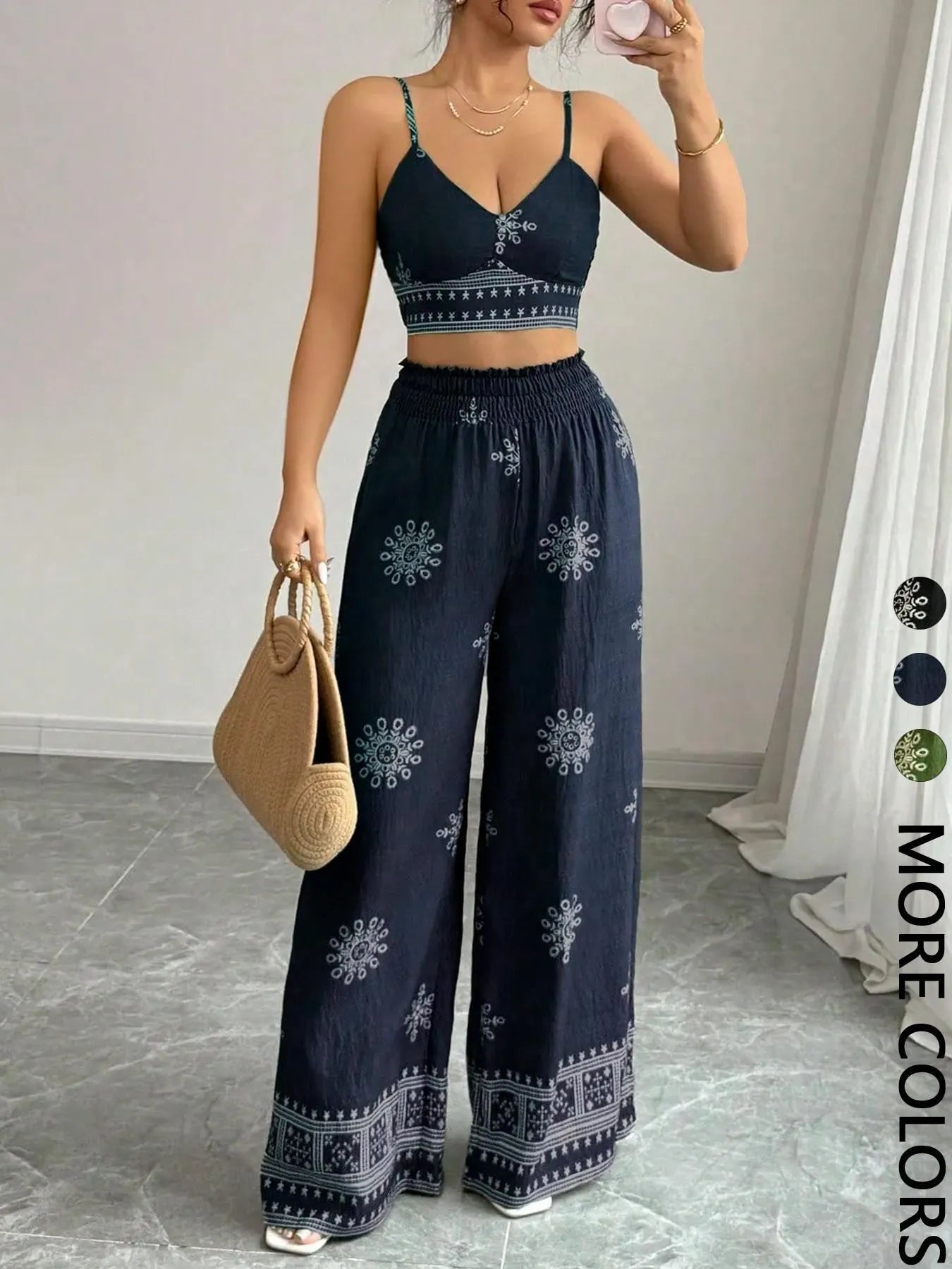 Printed Spaghetti Strap Crop Top & Wide Leg Pants Two-Piece Set