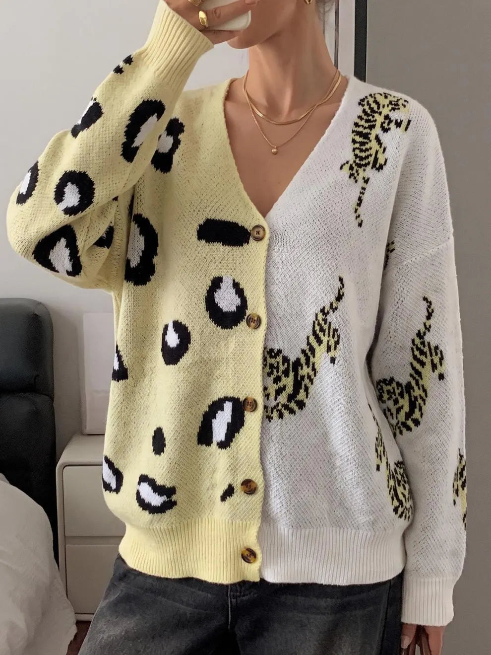 Color Block Leopard Tiger Print Knit Cardigan V Neck Button Down Oversized Sweater Coat