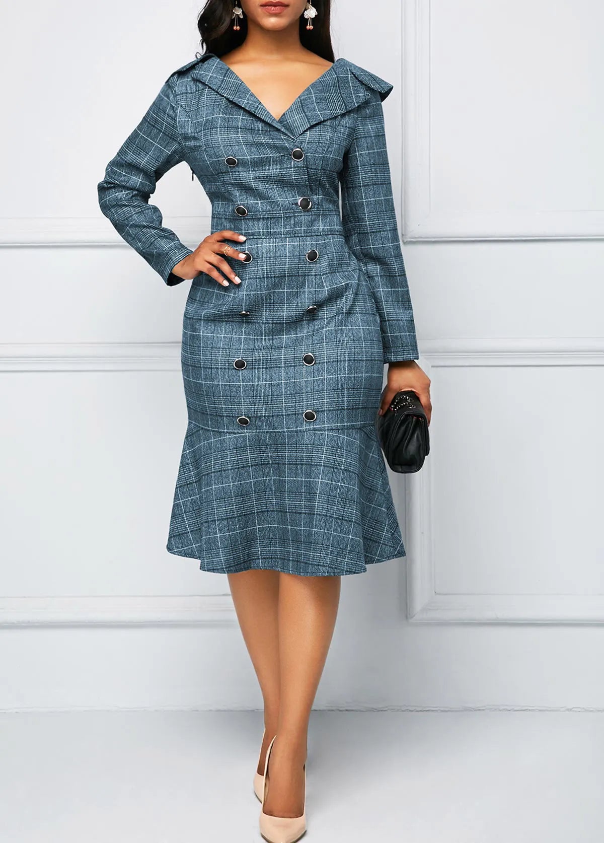 laid Double Breasted Ruffle Hem Midi Dress