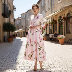 Ruffle Neck 3/4 Sleeve Belted Swing Dress