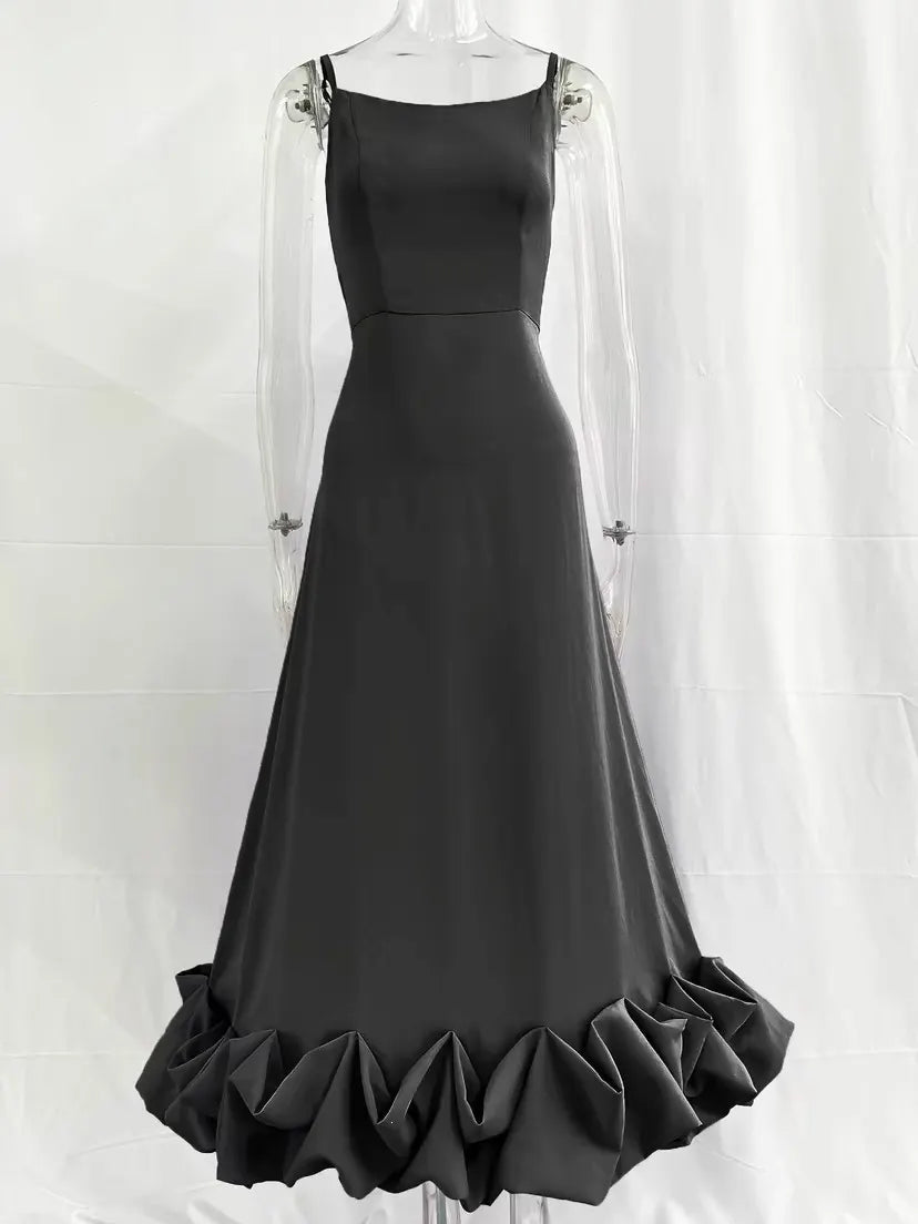 Solid U-Neck Sleeveless High Waist Pleated Flare Midi Dress
