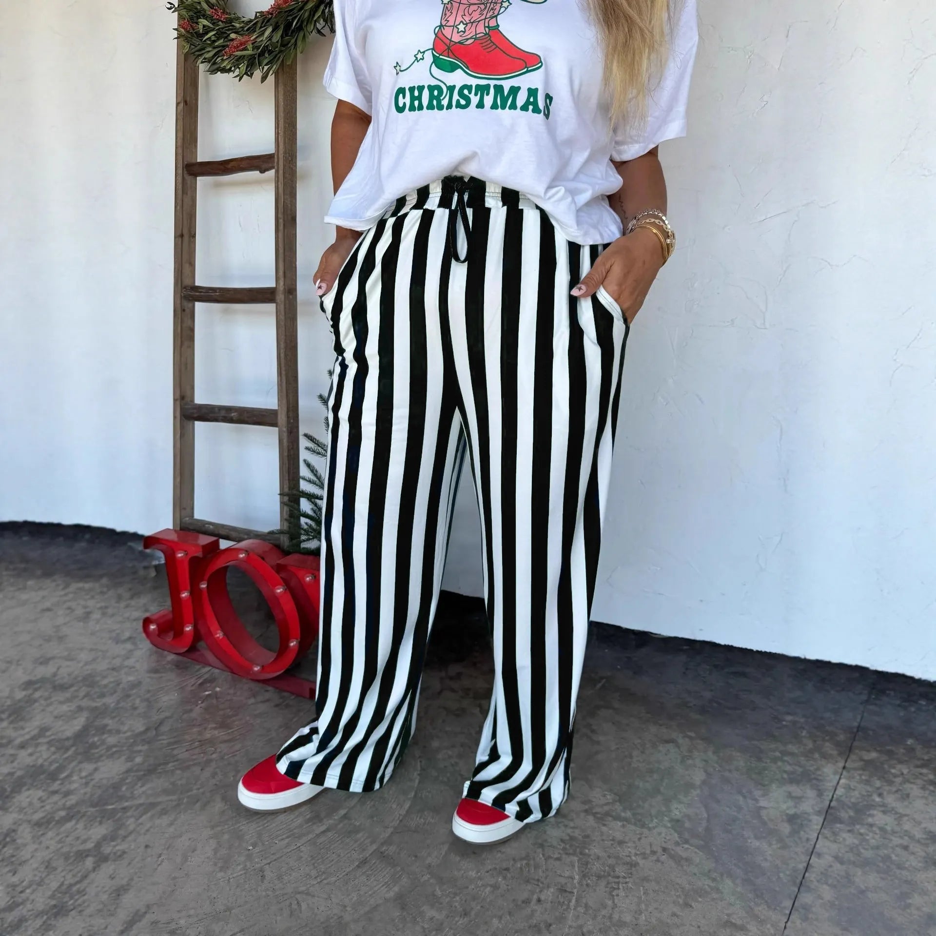 Vertical Stripe Drawstring Wide Leg Casual Pants