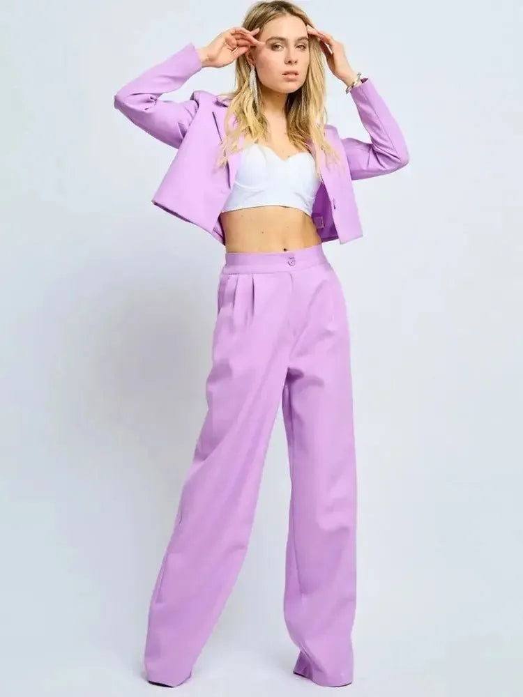 Solid Cropped Lapel Blazer & High Waist Wide Leg Pants Two Piece Suit Set