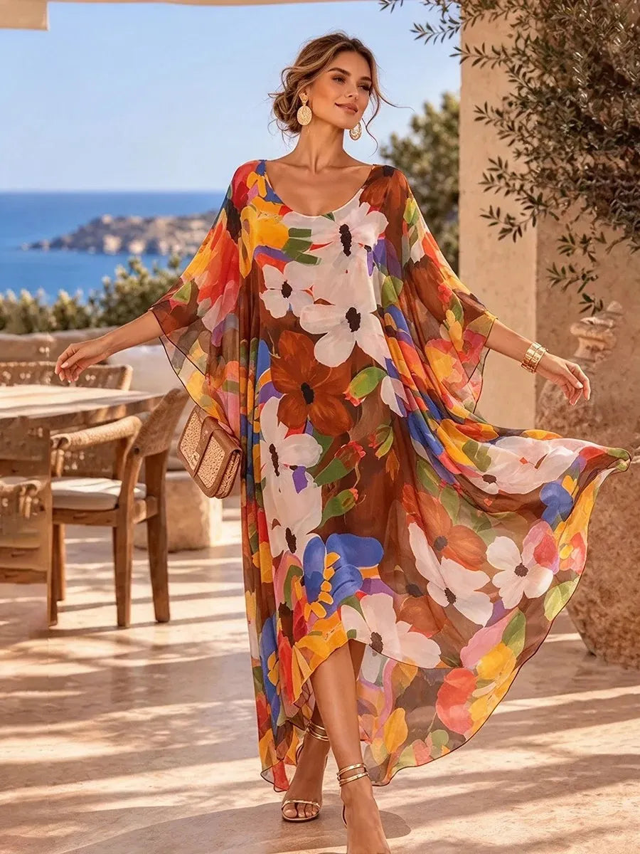 Colorful Floral Print Kaftan Maxi Dress, V-Neck Flowy Batwing Sleeve Beach Dress