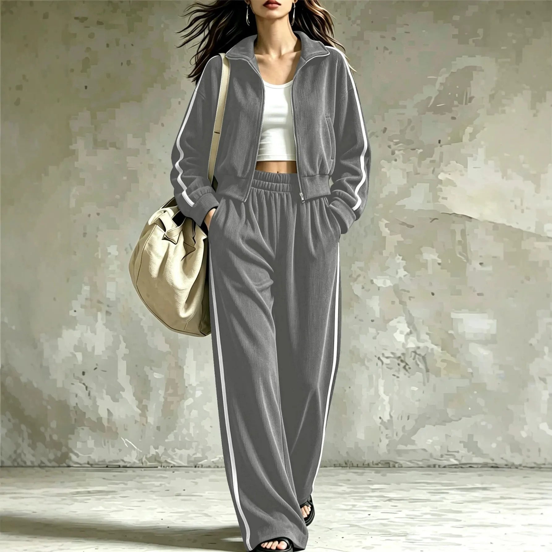 Side Stripe Athletic Sweatsuit, Stand Collar Zip Crop Jacket Elastic Waist Wide Leg Pants Set