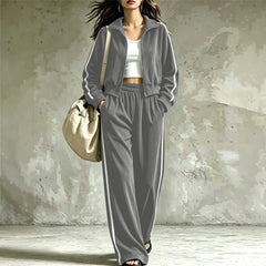 Side Stripe Athletic Sweatsuit, Stand Collar Zip Crop Jacket Elastic Waist Wide Leg Pants Set