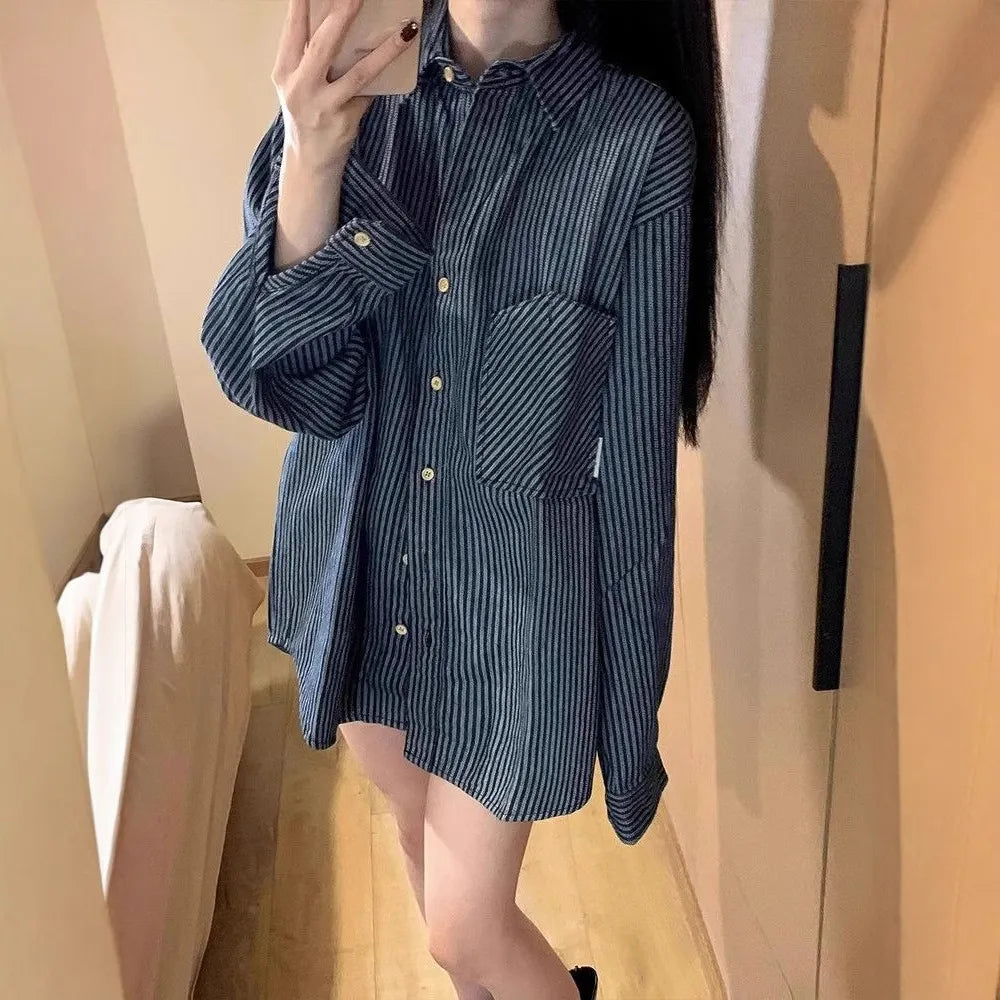 Blue Striped Patchwork Long Sleeve Loose Shirt
