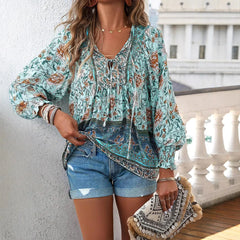 Boho Floral V-Neck Long Sleeve Loose Blouse