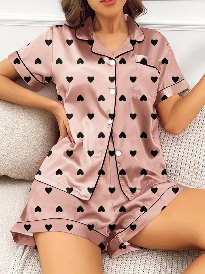 Ladies Plus Size Friendly Satin Pajama Set Cute Panda Heart Pattern Short Sleeve Top & Elastic Shorts Nightwear