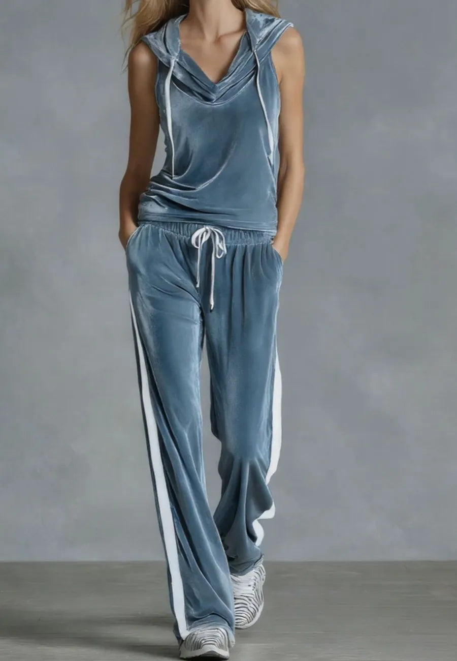Velvet Sleeveless Hoodie and Wide Leg Pants 2 Piece Set