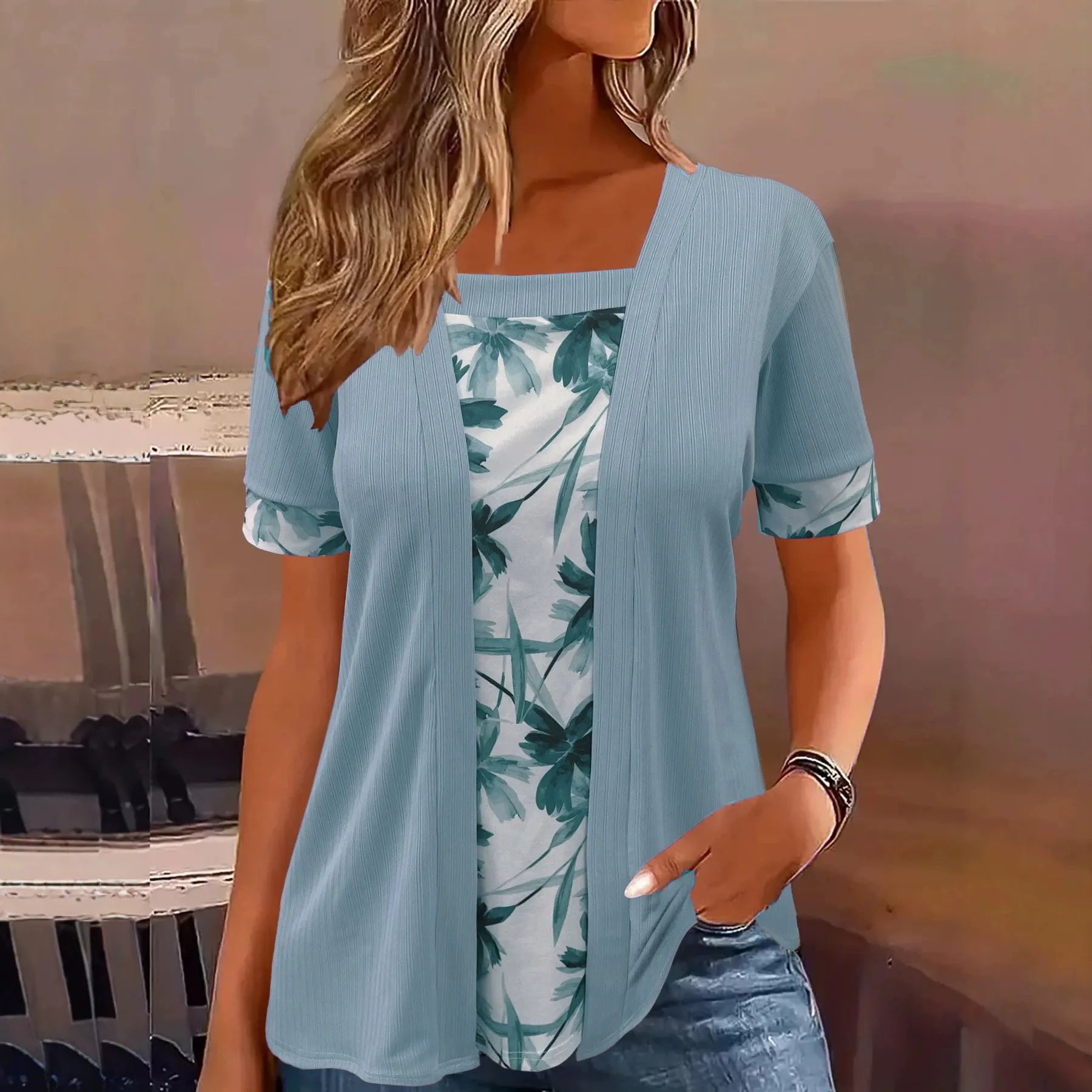 Square Neck Floral Print Fake Two-Piece Short Sleeve Loose Casual Top