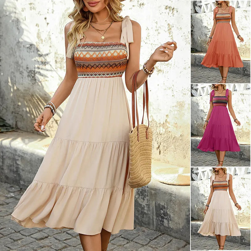 Ethnic Embroidered Tie Strap Tiered Maxi Dress