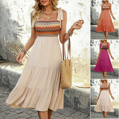 Ethnic Embroidered Tie Strap Tiered Maxi Dress