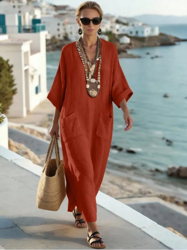 V Neck Seven-Quarter Sleeve Pocket Side Slit Loose Woven Maxi A-Line Dress