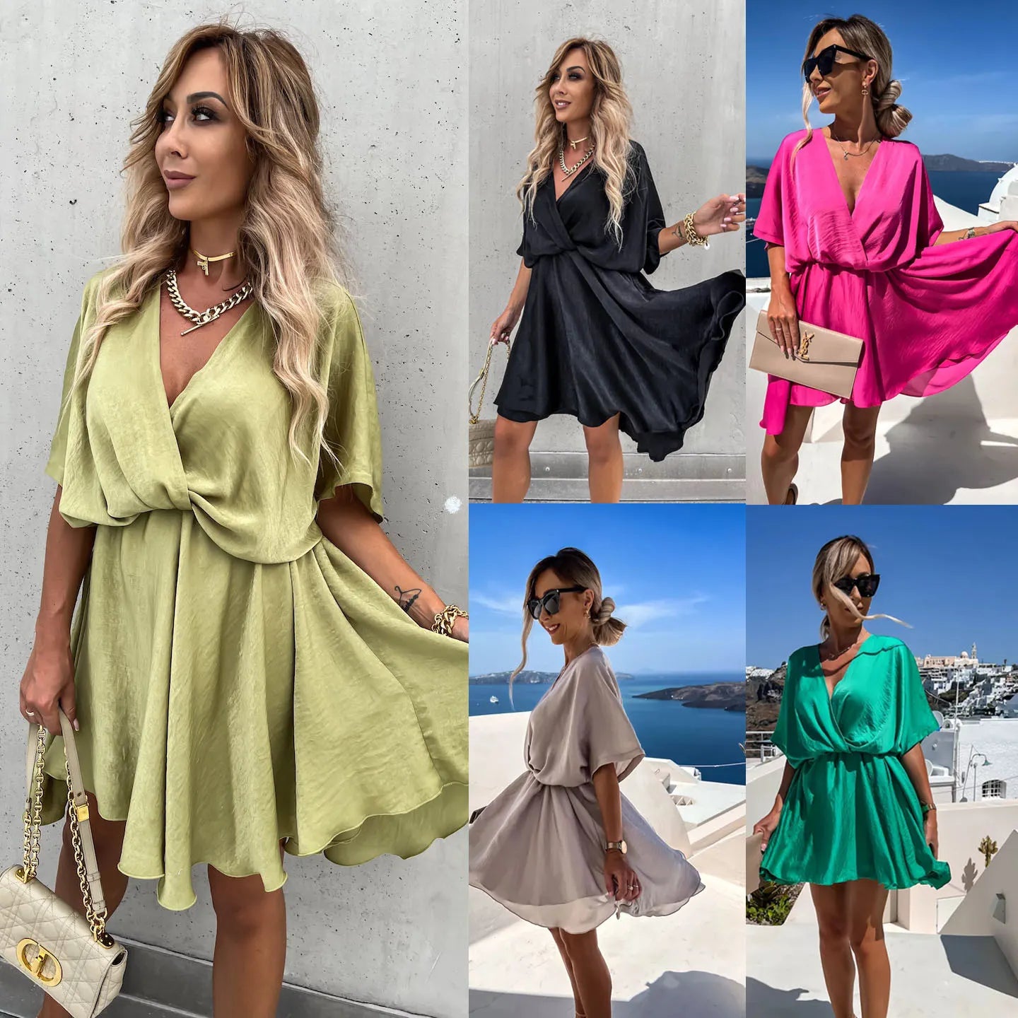 Batwing Sleeve Wrap Front Mini Dress