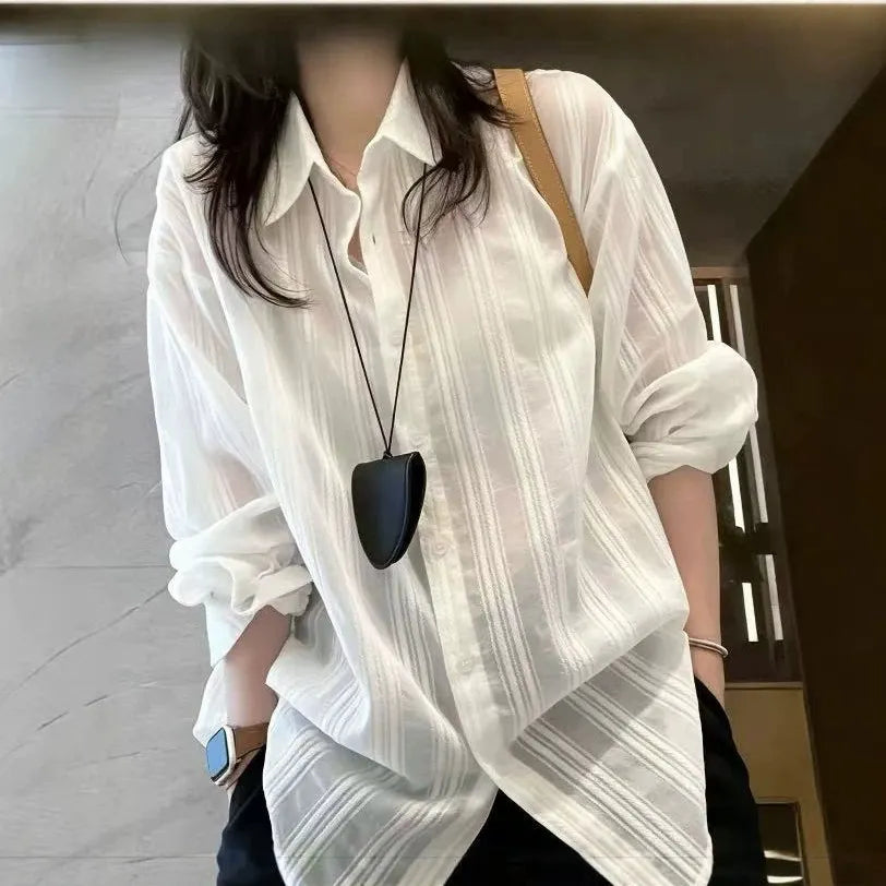 Striped Textured Oversized Button Down Shirt