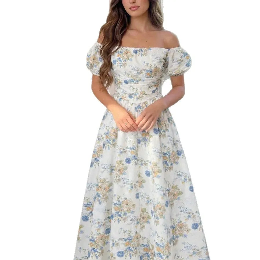 Floral Print Square Neck Off Shoulder Puff Short Sleeve High Waist A-Line Midi Dress