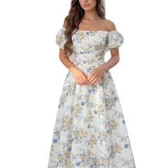 Floral Print Square Neck Off Shoulder Puff Short Sleeve High Waist A-Line Midi Dress