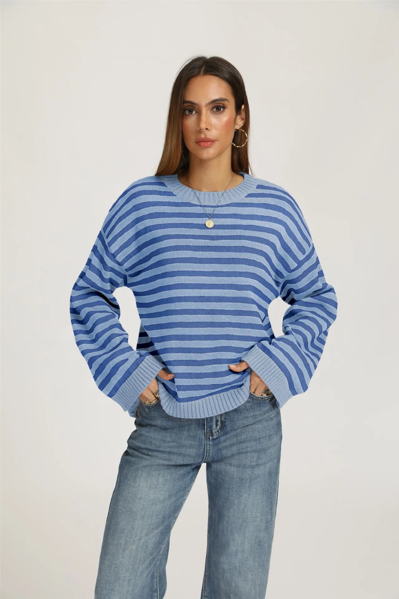 Bold Stripe Knit Pullover Crew Neck Drop Shoulder Loose Fit Fall Sweater