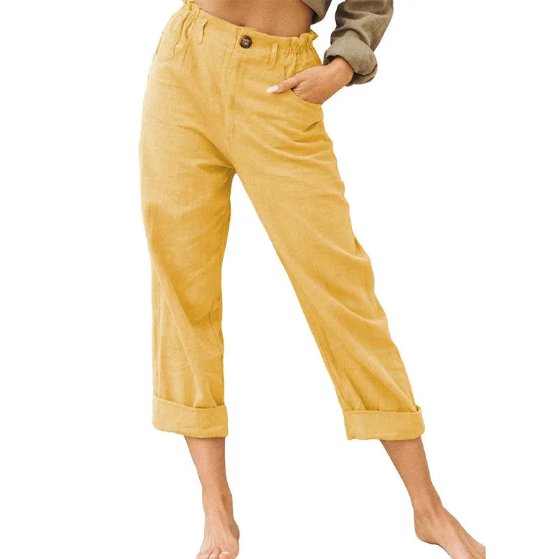 Linen Blend Rolled Cuff Cropped Pants