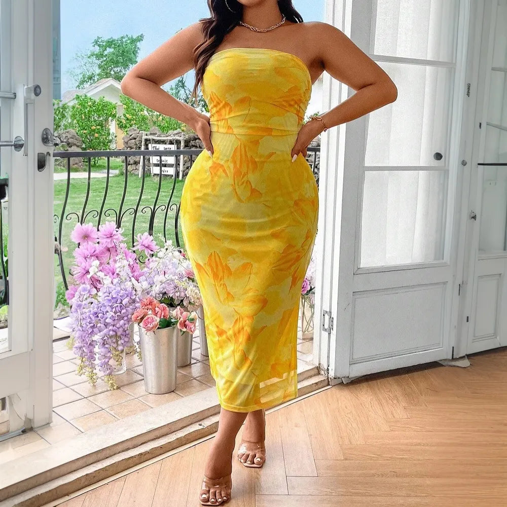 Plus Size Yellow Tie Dye Strapless Dress