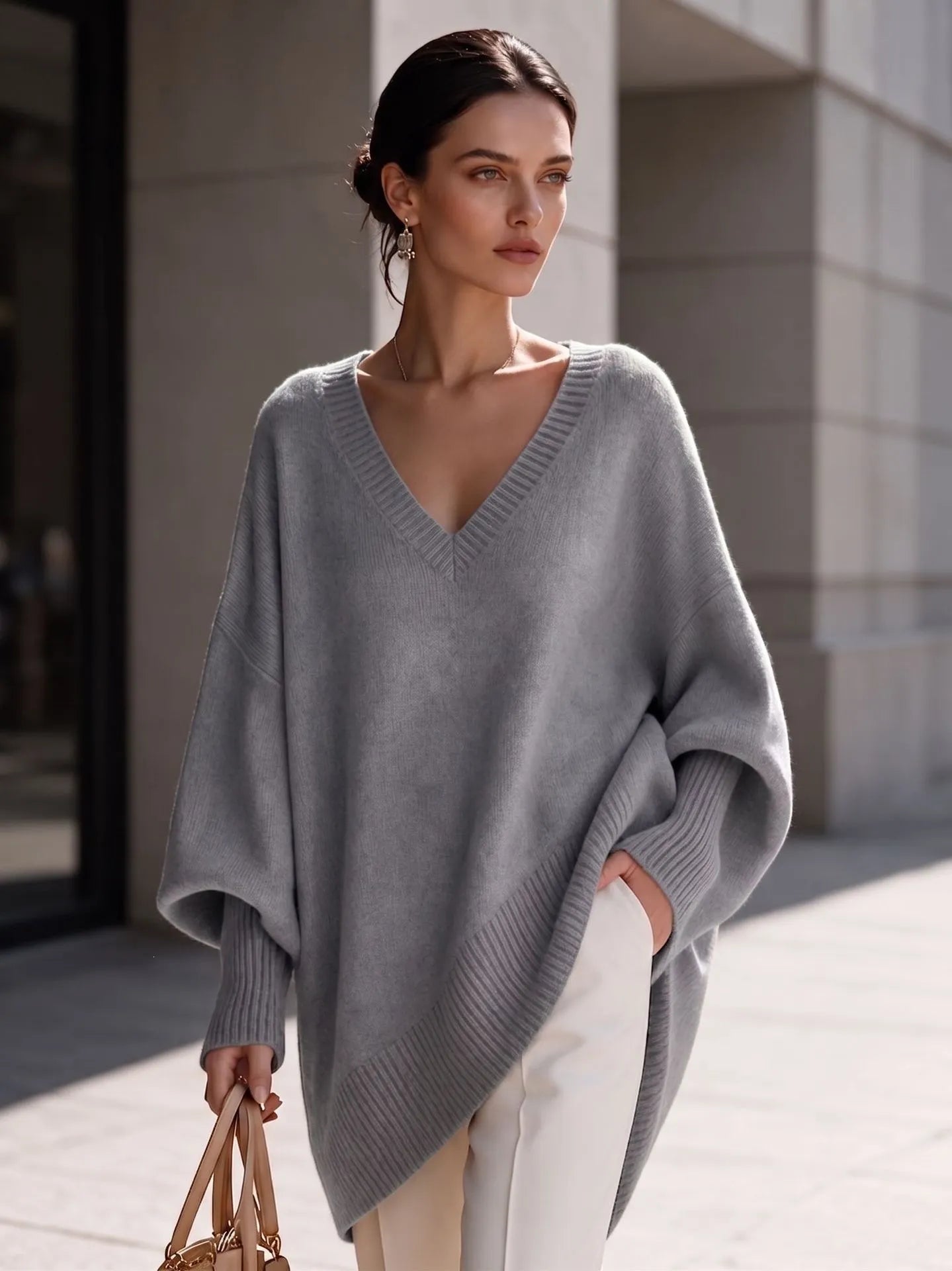 Dusty Pink Oversized V Neck Tunic Sweater, Batwing Long Sleeve Soft Knit Top