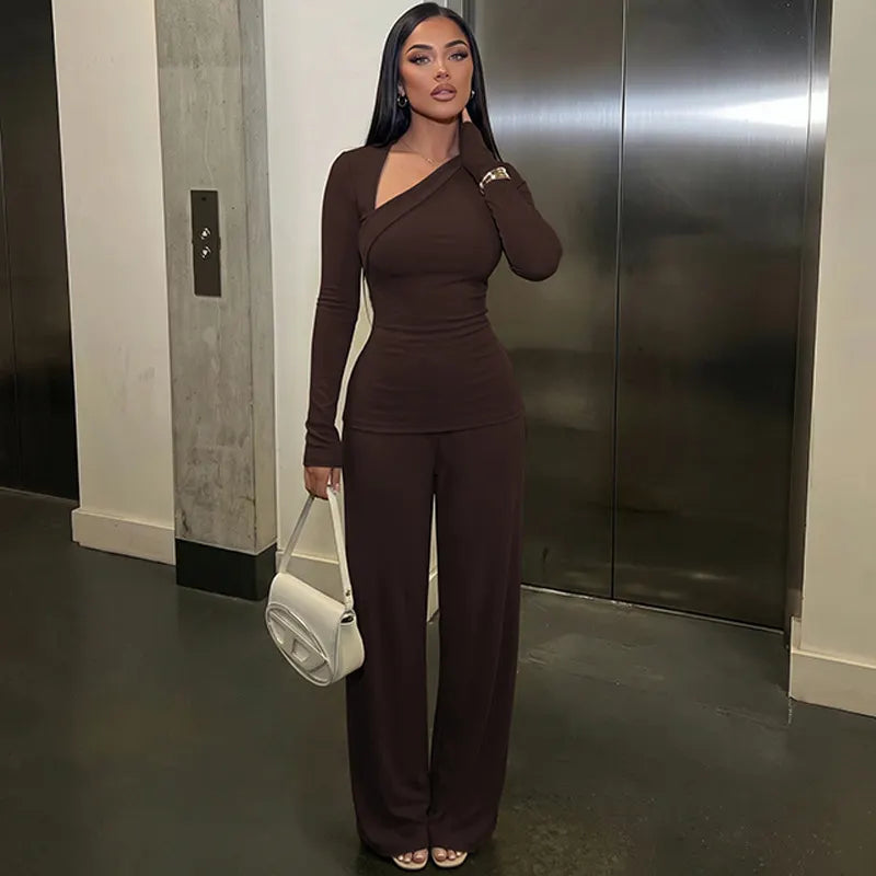 2 Piece Outfit Set Asymmetrical Wrap Long Sleeve Top & Split Flare Pants