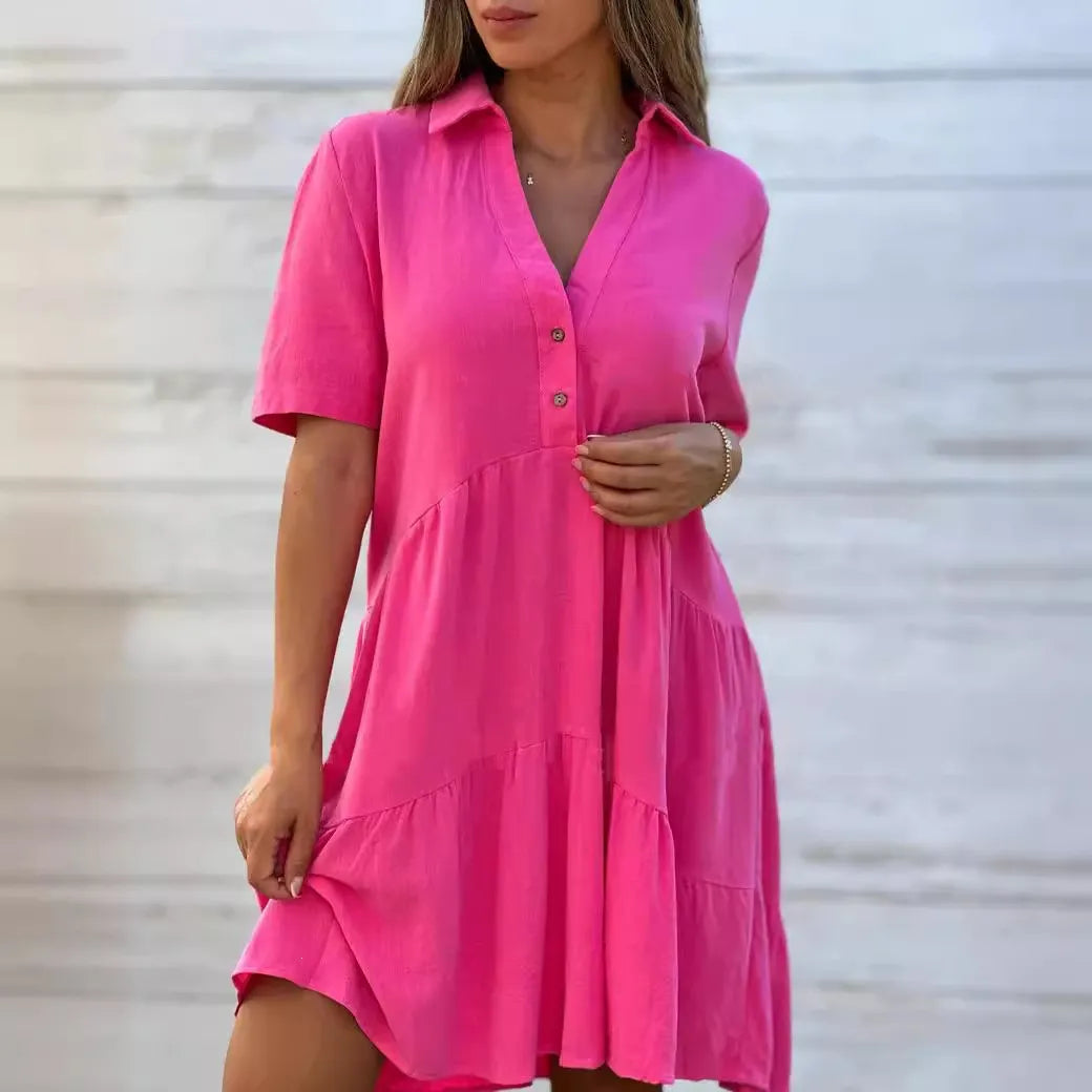 Solid Lapel Half Button Short Sleeve Loose Tiered Cotton Linen Midi Shirt Dress