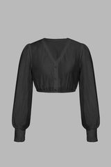 V-Neck Lace Trim Puff Long Sleeve Cropped Button Down Blouse