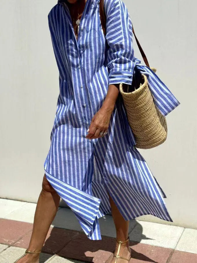 Lapel Five-Quarter Sleeve Printed Loose Maxi Dress Ethnic Travel Shirt Dress