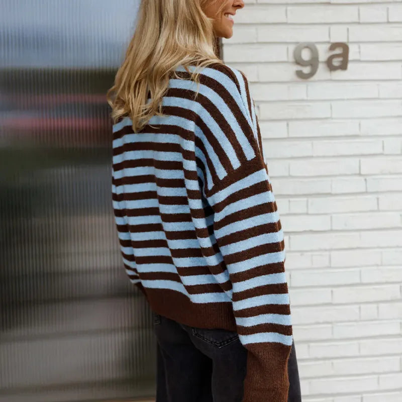 Bold Striped Loose Knit Jumper Crew Neck Drop Shoulder Casual Long Sleeve Sweater
